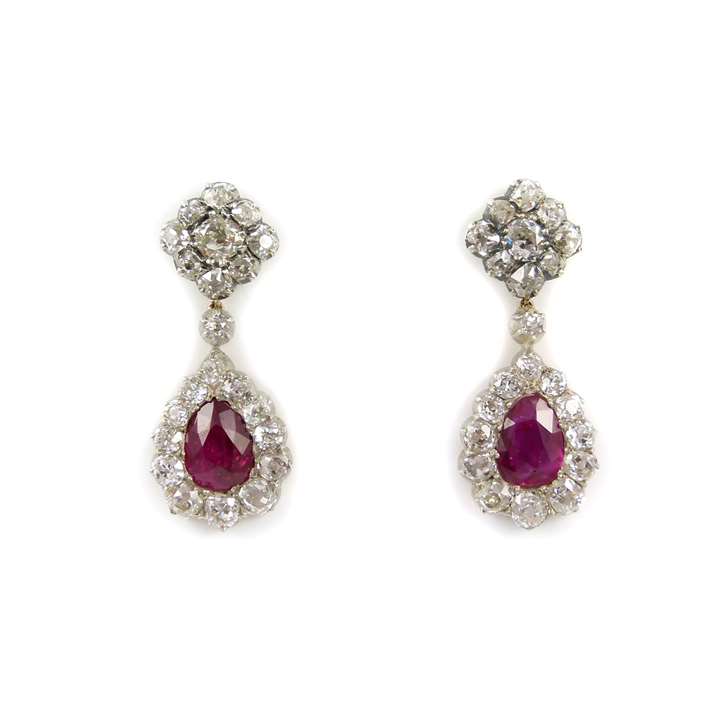 Pair of ruby drop and diamond drop cluster pendant earrings